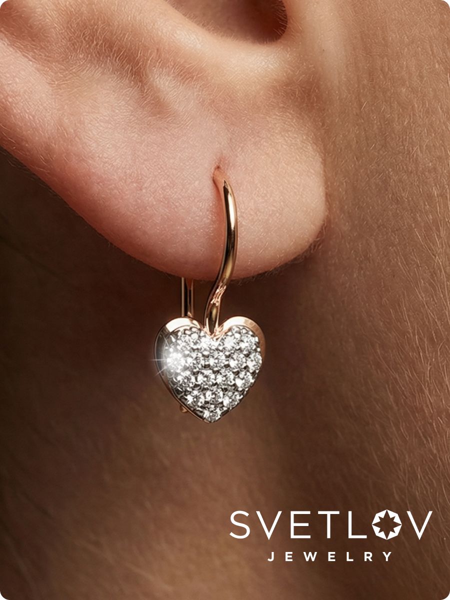 Серьги сердечки серебро 925 с фианитами позолоченные из Италии 