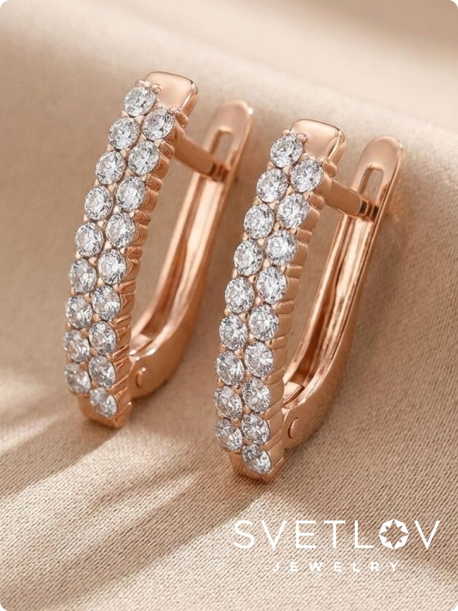 Серьги из серебра 925 с фианитами позолоченные дорожки из Италии 