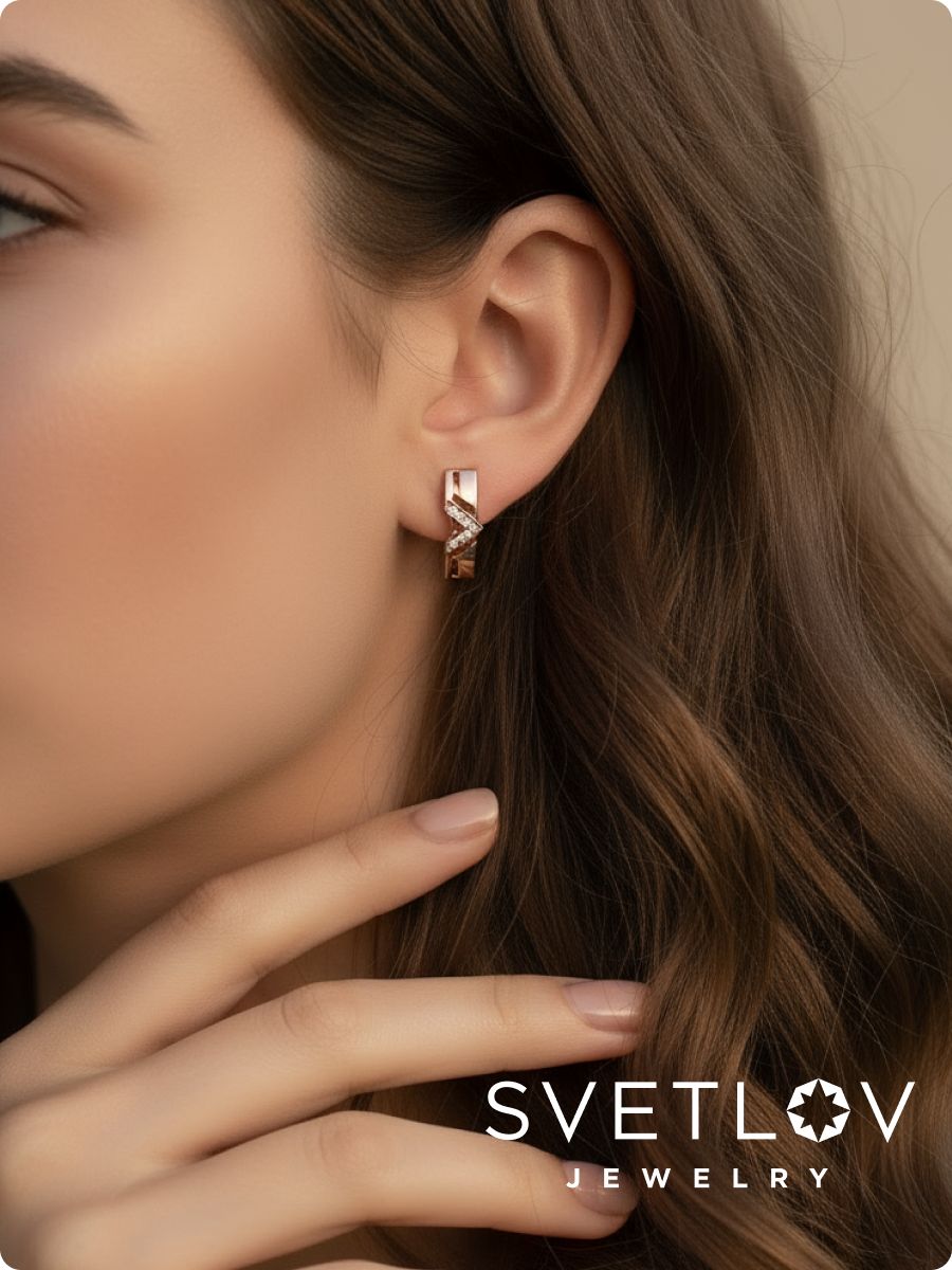 Серьги из серебра 925 с фианитами позолоченные геометрия из Италии 