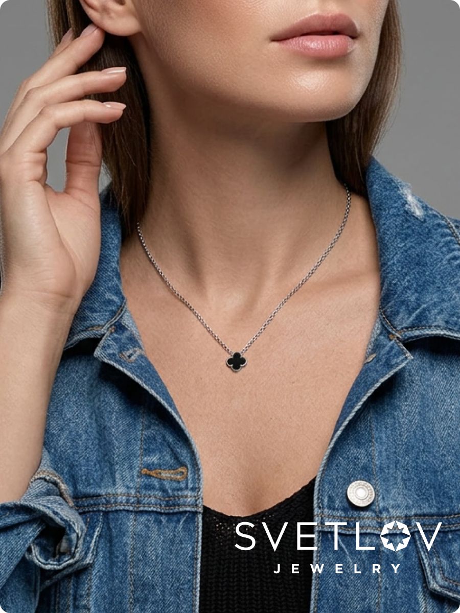 Серебряное колье 925 с агатом клевер из Италии 