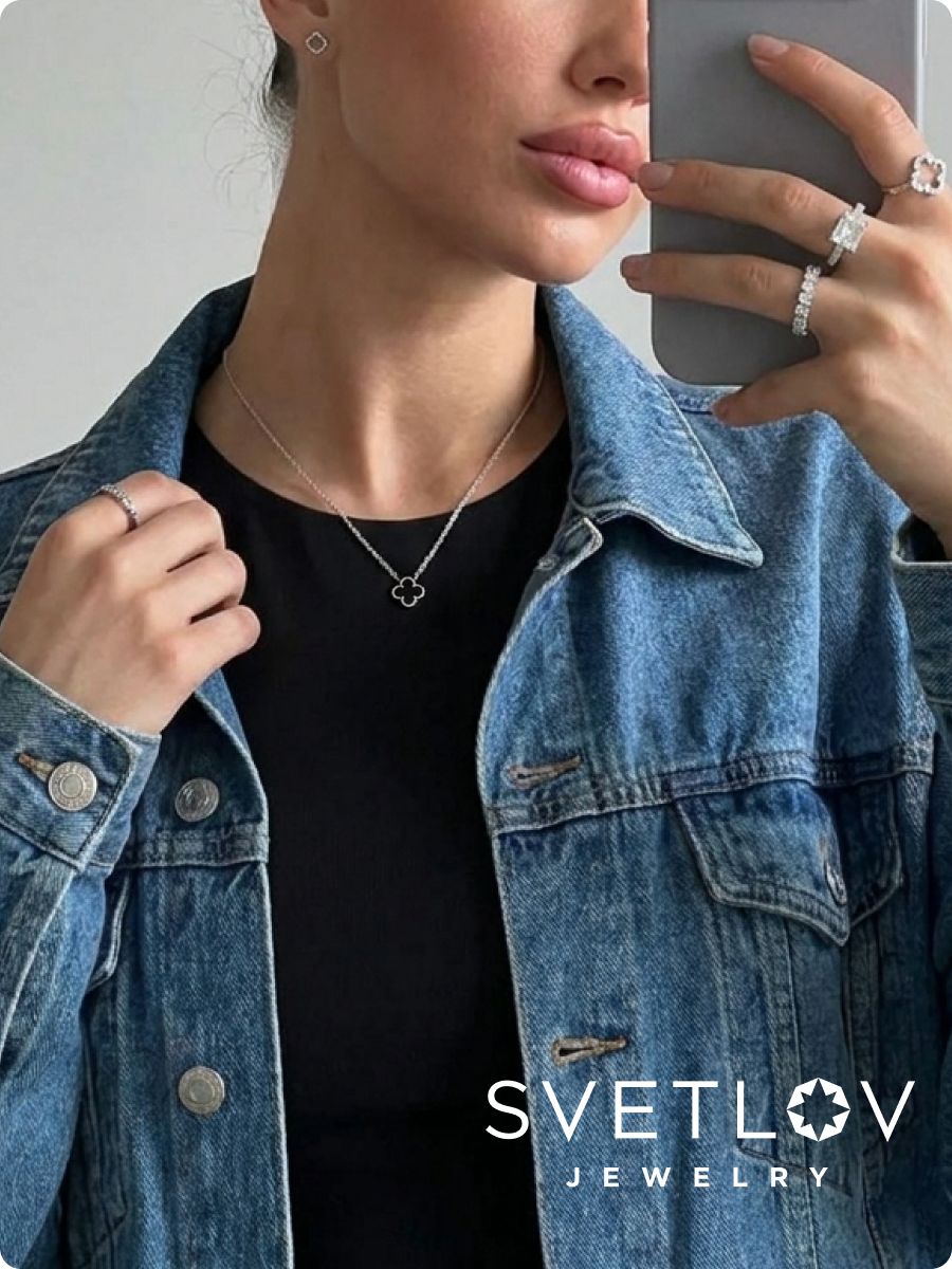 Серебряное колье 925 с агатом клевер из Италии 