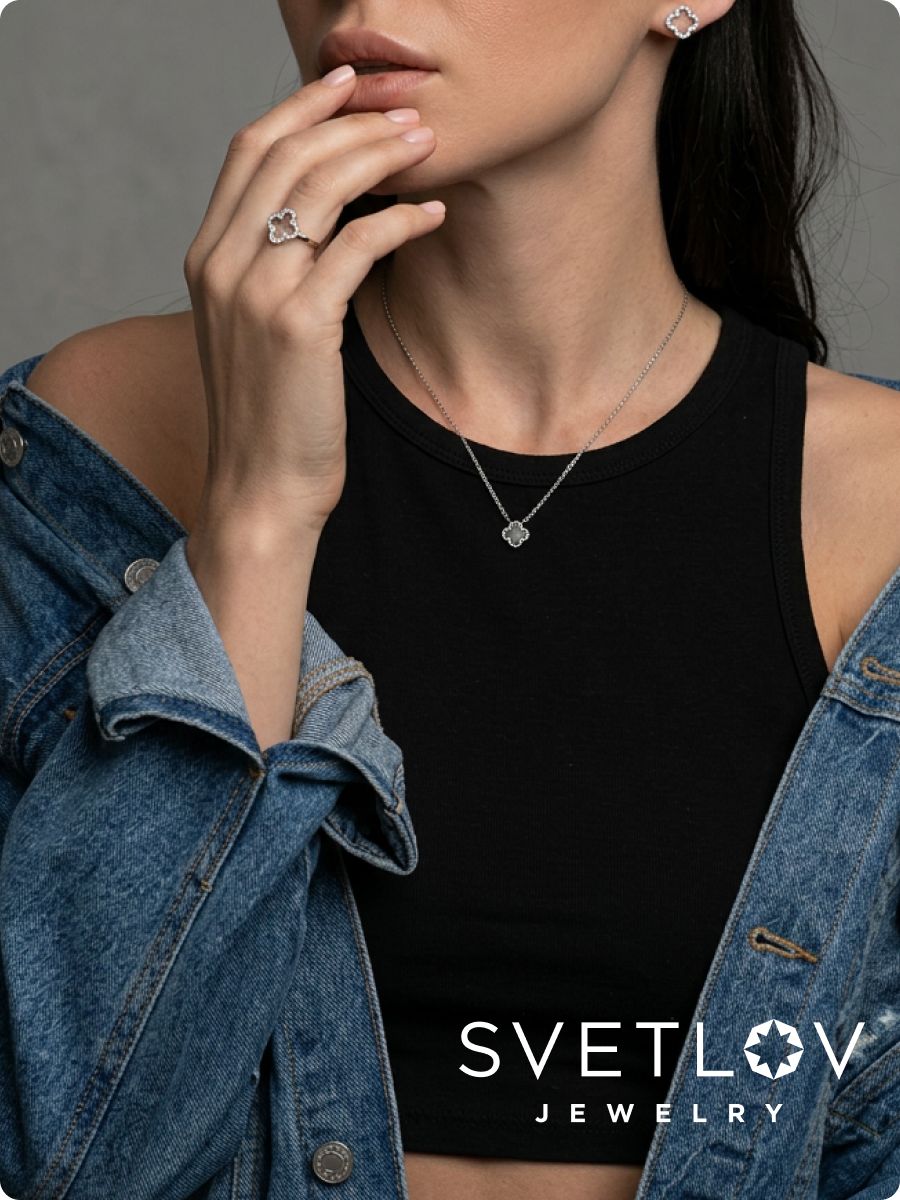 Серебряное колье 925 с агатом клевер из Италии 
