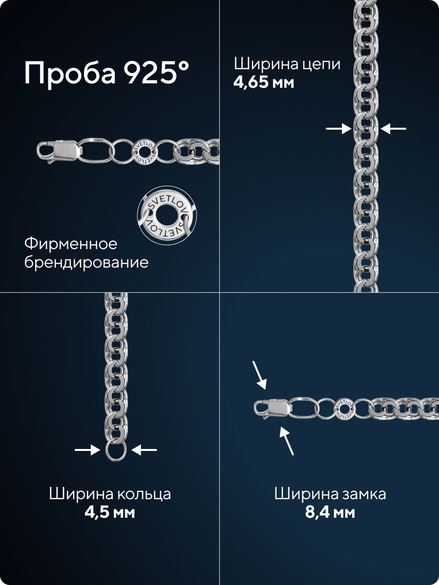 Цепочка на шею серебро 925 плетение Бисмарк 4,65 мм из Италии 