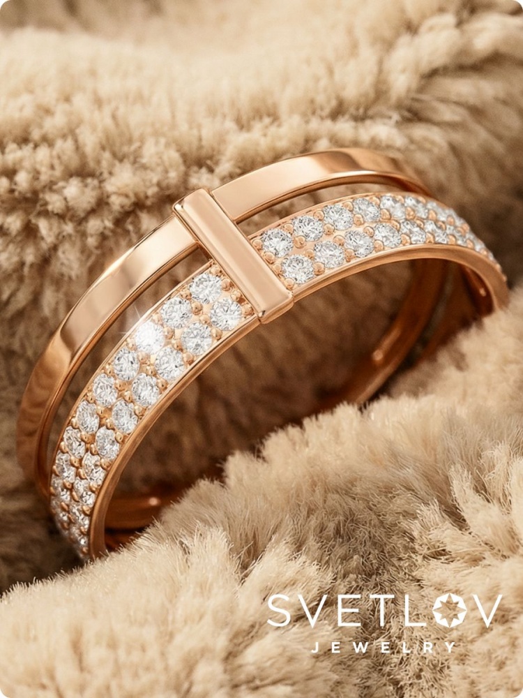 Серебряное кольцо 925 пробы позолоченное с фианитами двойное из Италии 