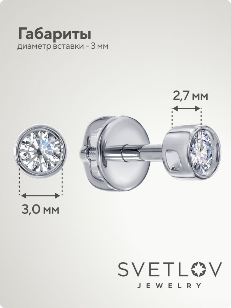 Серьги пусеты серебро 925 гвоздики с фианитом из Италии 