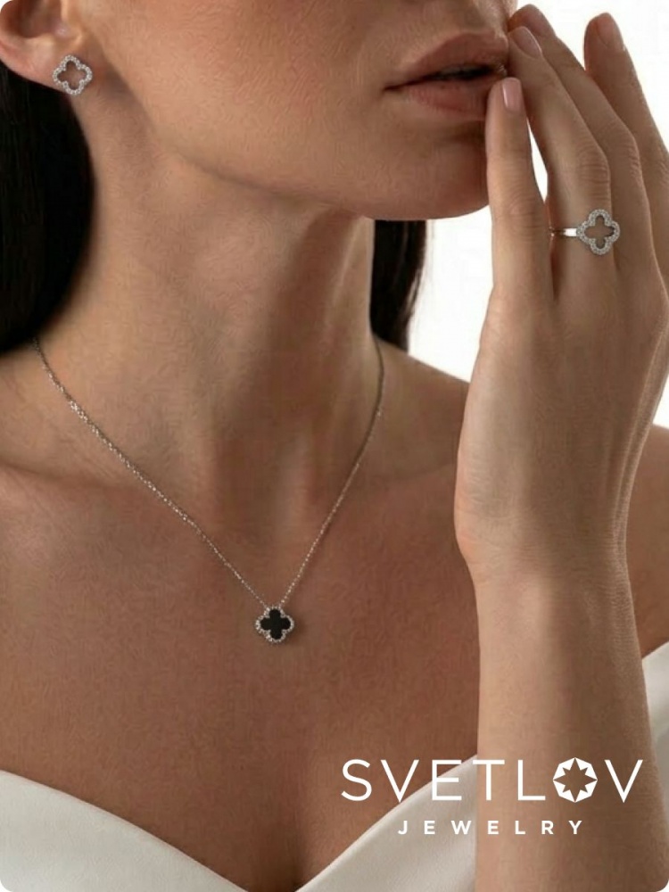 Серьги серебро 925 пусеты с фианитами клевер из Италии 