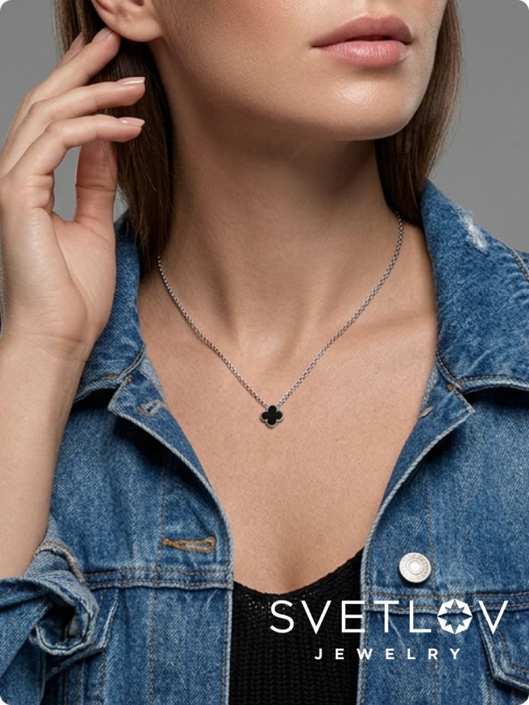 Серебряное колье 925 с агатом клевер из Италии 