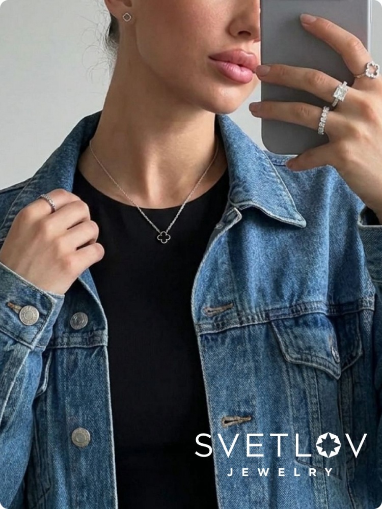 Серебряное колье 925 с агатом клевер из Италии 